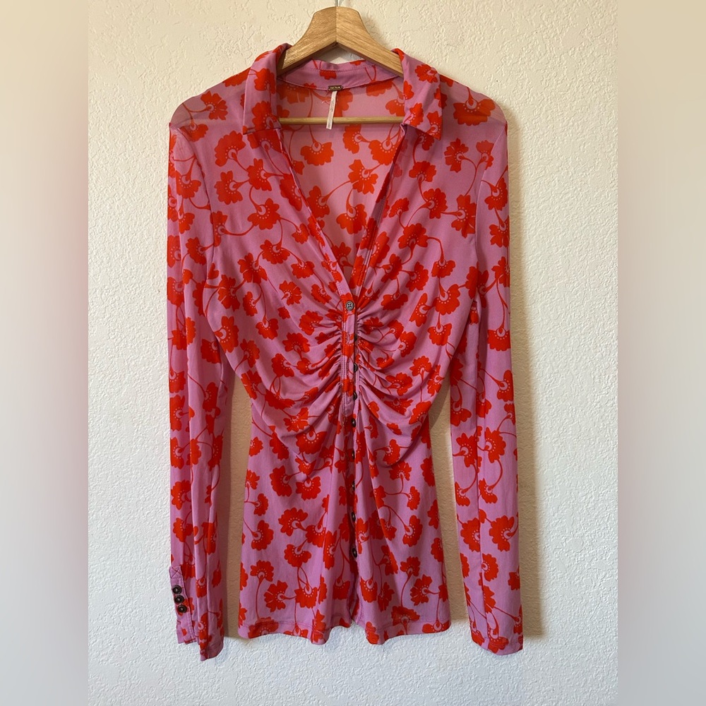 FREE PEOPLE Lucky Shirtee Mesh Sheer Top Button Front Bubblegum - Size Large - Picture 2 of 8